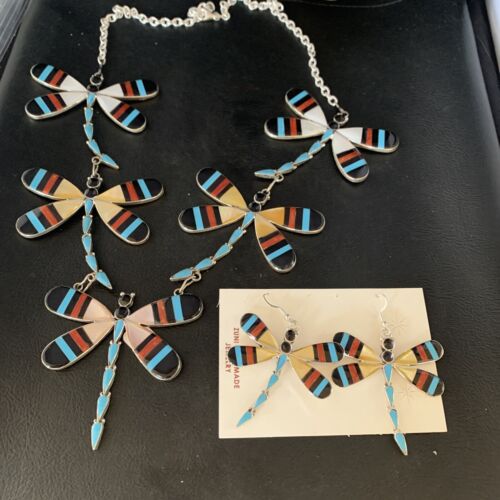 Zuni Dragonfly Necklace Earrings Set | Turquoise Onyx Inlay | Sterling Silver | Authentic Native American Handmade | 14213