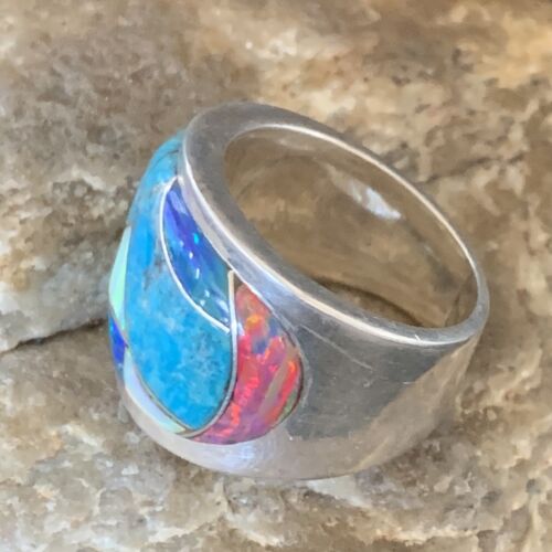 Navajo Blue Turquoise Opal Inlay Men's Pinky Ring | Sz 7 | Sterling Silver Band | 12859