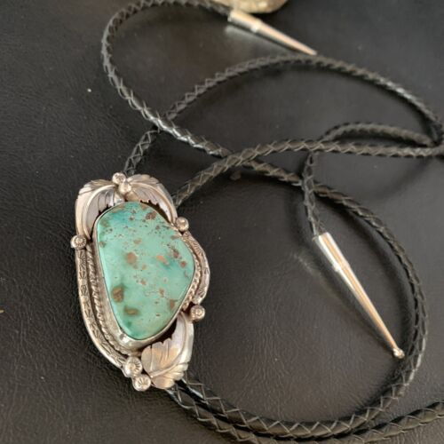 Navajo Green Royston Turquoise Bolo Tie | Sterling Silver | Authentic Native American Handmade | 14110