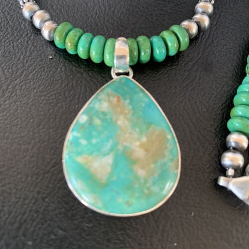 Navajo Green Turquoise Pendant Necklace | Sterling Silver Beads | Authentic Native American Handmade | 13307