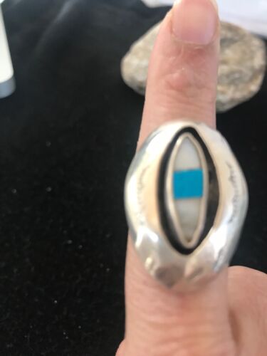 Navajo Kingman Turquoise & Mother of Pearl Ring | Sterling Silver Shadow Box | Sz 9 | 10207