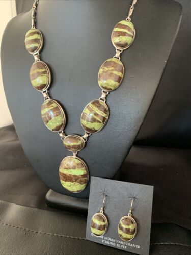 Navajo Green Gaspeite Necklace Choker Earrings Set | Sterling Silver Pendant | 19" | Authentic Native American Handmade | 13794