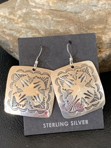 Native American Women's Dangle Earrings | Navajo Sterling Silver Stamped Handmade | 1665