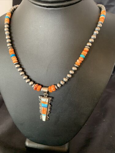 Navajo Turquoise Spiny Oyster Inlay Pendant | Sterling Silver | Authentic Native American Handmade | 11800