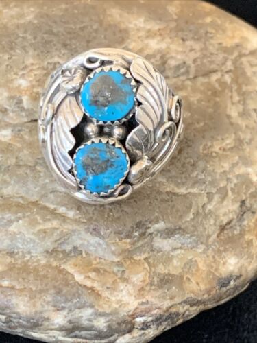 Navajo Blue Kingman Turquoise Feather Ring | Authentic Native American Sterling Silver | Multi-Stone | Sz 11.5 | 12224