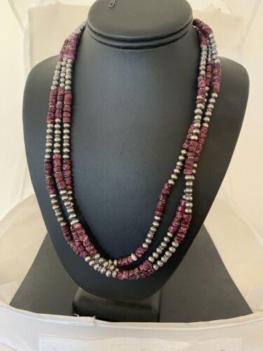 Navajo Purple Spiny Oyster Necklace | 3 Strand | Sterling Silver | 22" | Authentic Native American Handmade | 467