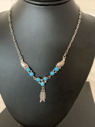 Old Pawn Navajo Blue Kingman Turquoise Necklace | Sterling Silver | 16" Chain | Authentic Native American Handmade | 1184