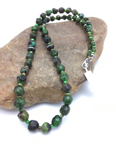 Navajo Green Nugget Graduated Turquoise Necklace | Sterling Silver | Authentic Native American | 24" | 8102