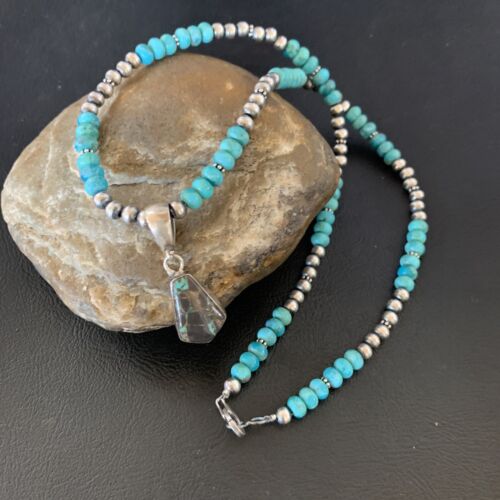 Women's Blue Turquoise Pendant Necklace | Navajo Pearls | Sterling Silver | Authentic Native American Handmade | 13368