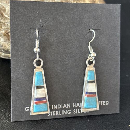 Navajo Multi-Color Turquoise Mother of Pearl Inlay Earrings | Sterling Silver | Authentic Native American Handmade | 14655