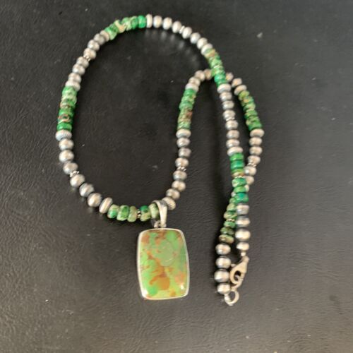 Navajo Pearls Green Mojave Turquoise Pendant Necklace | Sterling Silver | Native American Handmade | 13462