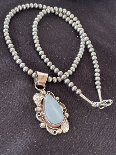 Native American Men's Necklace | Navajo Sterling Silver Beads with Blue Larimar Pendant | 01364
