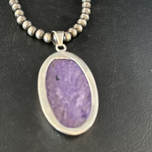 Navajo Pearls Necklace with Purple Charoite Pendant | Sterling Silver | Authentic Native American Handmade | 14464