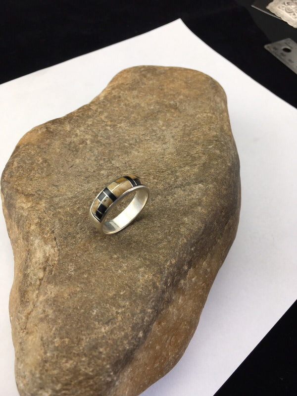 Navajo Black Onyx Jasper & Tiger's Eye Inlay Ring | Sterling Silver | Sz 12.5 | 1702