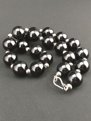 Navajo Sterling Silver Black Onyx Bead Necklace | 18" | Authentic Native American Handmade | 1104