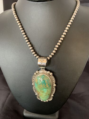 Navajo Green Royston Turquoise Pendant Necklace | Sterling Silver | Authentic Native American Handmade | 10238