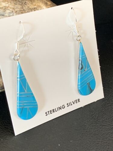 Navajo Blue Turquoise Inlay Dangle Drop Earrings | Sterling Silver | 1.5" | 12310