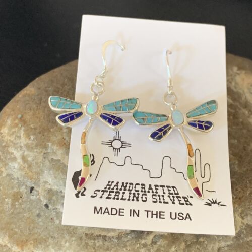 Navajo Dragonfly Turquoise Spiny Opal Inlay Earrings | Sterling Silver | 1" | 12017