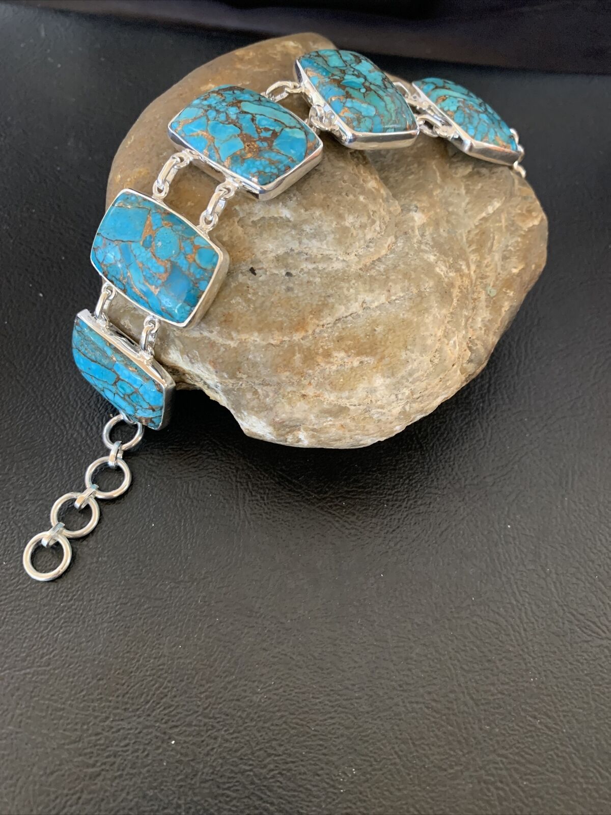 Navajo Blue Mojave Turquoise Link Bracelet | Sterling Silver | 8" | Authentic Native American Handmade | 11629 - Masha USA