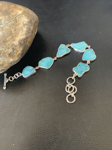 Navajo Blue Kingman Turquoise Rough Link Bracelet | Sterling Silver | 8" | 11649