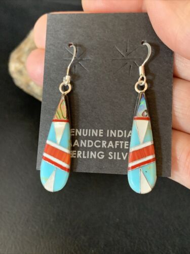 Navajo Multi-Color Turquoise Spiny Opal Inlay Earrings | Sterling Silver | 1.5" | 12999