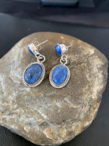 Navajo Denim Lapis Dangle Earrings | Sterling Silver | 1.1" | Authentic Native American Handmade | 1705