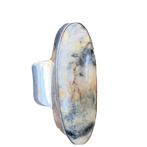 Southwestern Navajo Cinnabrite Ring | White Black | Sterling Silver | Sz 6.5 | 1550