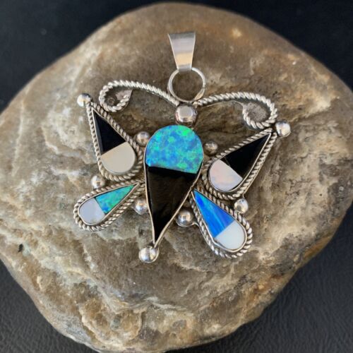 Zuni Butterfly Opal Mother of Pearl Onyx Inlay Pendant Necklace | Sterling Silver | 14207