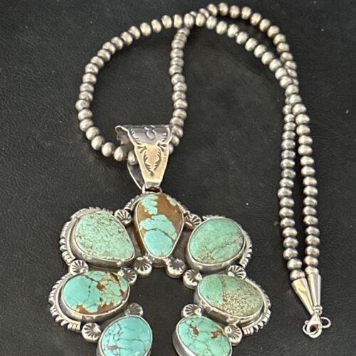Navajo Blue #8 Turquoise Squash Blossom Necklace Pendant | Authentic Native American Sterling Silver | Naja | 14355