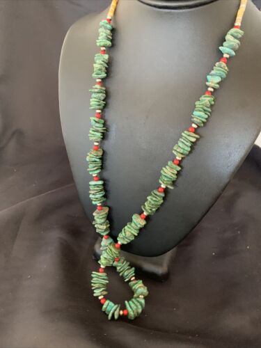 Navajo Green Turquoise Coral Shell Necklace | Sterling Silver | 28" | Authentic Native American Handmade | 11710