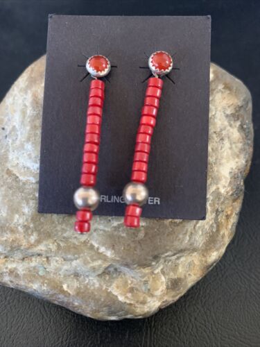 Navajo Pearl Heishi Dangle Earrings | Sterling Silver Red Coral Tube | 1.5" | 13051