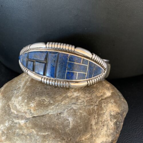 Native American Men's Blue Lapis Inlay Cuff Bracelet | Navajo Sterling Silver | 13709