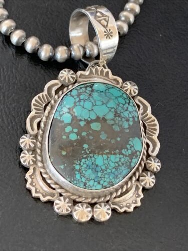 Men's Navajo Blue Spiderweb Turquoise Pendant Necklace | Sterling Silver | Authentic Native American Handmade | 10234