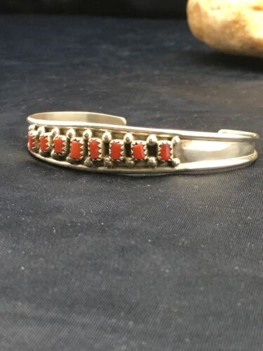 Native American Coral Petite Navajo Bracelet | Sterling Silver | Authentic Handmade | 4027