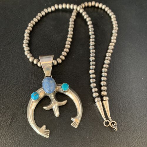 Navajo Sterling Silver Pendant Necklace | Denim Lapis & Turquoise | Authentic Native American Handmade | 13632