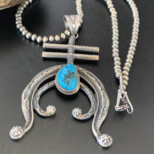 Navajo Kingman Turquoise Naja Pendant | Sterling Silver | Authentic Native American Handmade | 11518