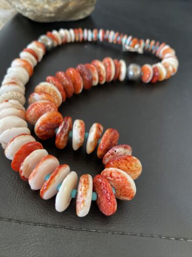 Navajo Turquoise & Red Spiny Oyster Necklace | Sterling Silver | Authentic Native American | Graduated | 22" | 10589 - Masha USA