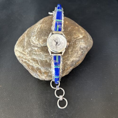 Authentic Navajo Blue Lapis & Opal Inlay Wristwatch | Sterling Silver Tips | Native American Jewelry | 14394