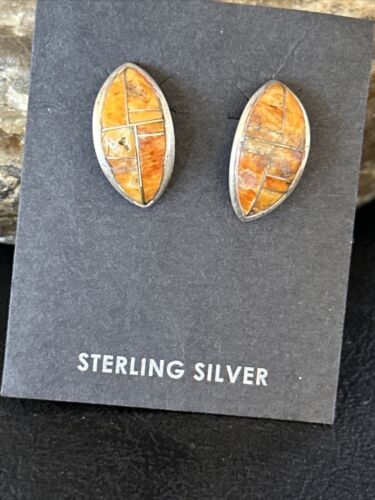 Navajo Orange Spiny Oyster Inlay Earrings | Sterling Silver | Authentic Native American Handmade | 14789