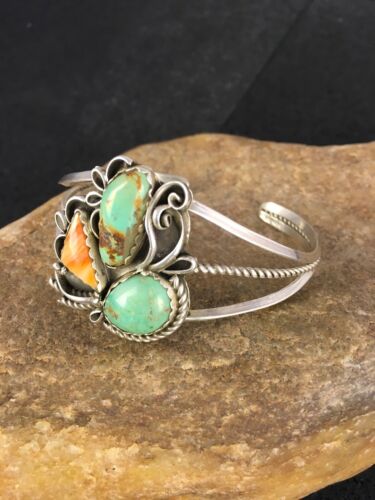 Southwestern Spiny Oyster & Turquoise Bracelet | Navajo Sterling Silver | Authentic Native American Handmade | 8842