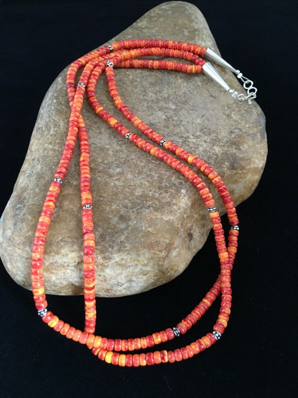 Southwestern Red Orange Spiny Heishi Necklace | Sterling Silver | 20" | 1782