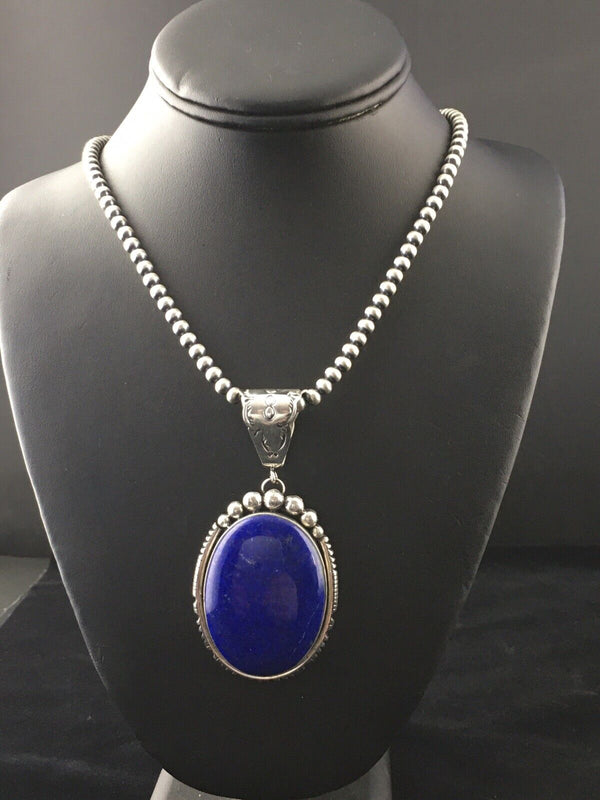 Men's XL Navajo Pearls Necklace Pendant | Sterling Silver Blue Lapis | Authentic Native American Handmade | 10116