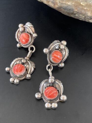 Navajo Red Spiny Oyster Dangle Earrings | Sterling Silver | Authentic Native American Handmade | 2063