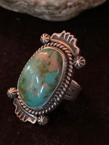 Native American Green Turquoise Ring | Navajo Sterling Silver | Sz 8 | 4139