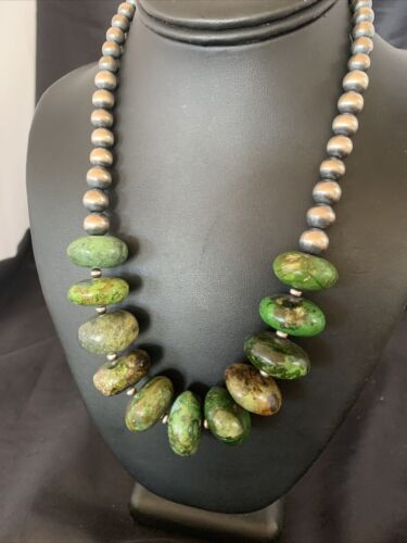 Navajo Chunky Graduated Green Turquoise Necklace | Sterling Silver | Authentic Native American | 18" | 11767