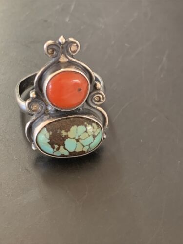 Native American Navajo Multi-Stone Ring | Blue Turquoise & Coral | Sterling Silver | Sz 7 | 11522