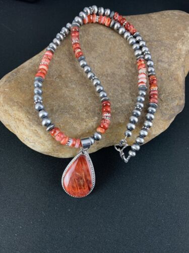 Red Spiny Oyster Pendant | Sterling Silver Navajo Pearls Necklace | Authentic Native American Handmade | 4960