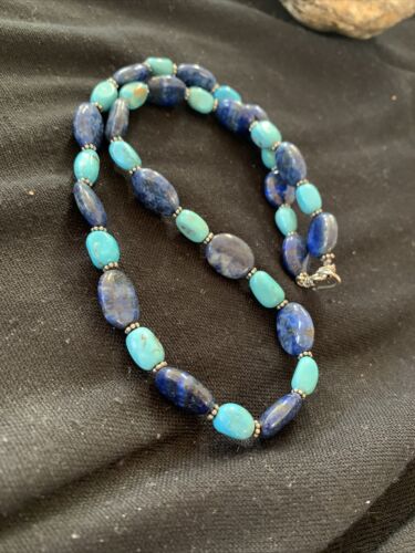 Navajo Denim Lapis & Turquoise Beads Necklace | Sterling Silver | Authentic Native American Handmade | 20" | 01038