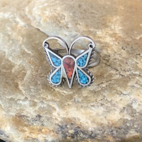 Navajo Women's Butterfly Turquoise Ring Sterling Silver Inlay