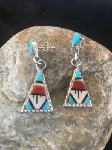 Navajo Sterling Silver Inlay Earrings | Coral Turquoise Onyx Mother of Pearl | Southwestern